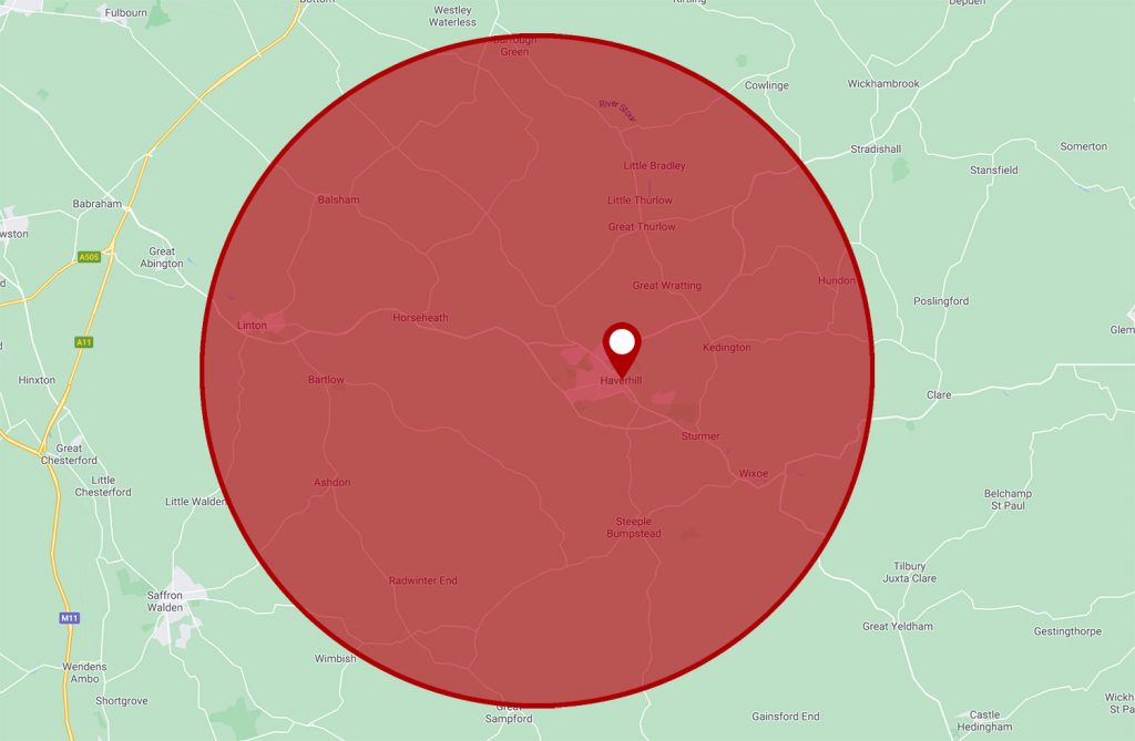 Map showing Haverhill Butchers Delivery Locations